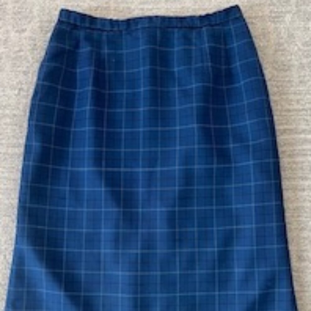 Vintage Pendleton Blue Plaid  Pencil Virgin Wool Midi Skirt Sz 12 Made USA